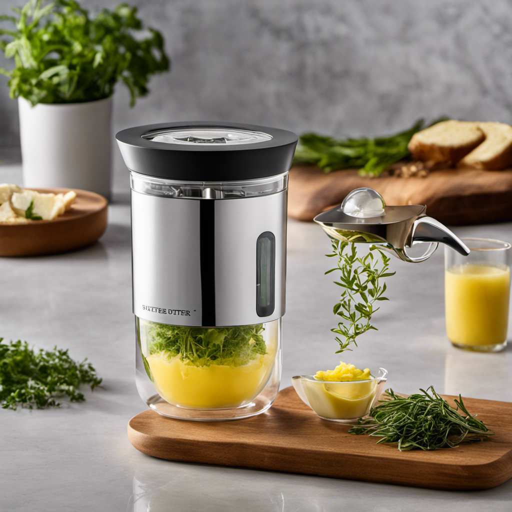 An image showcasing the Magic Butter One Cup Infuser in action: a sleek, compact machine with a transparent lid revealing a swirling blend of fresh herbs and butter, emitting a tantalizing aroma, while a soft glow emanates from its control panel
