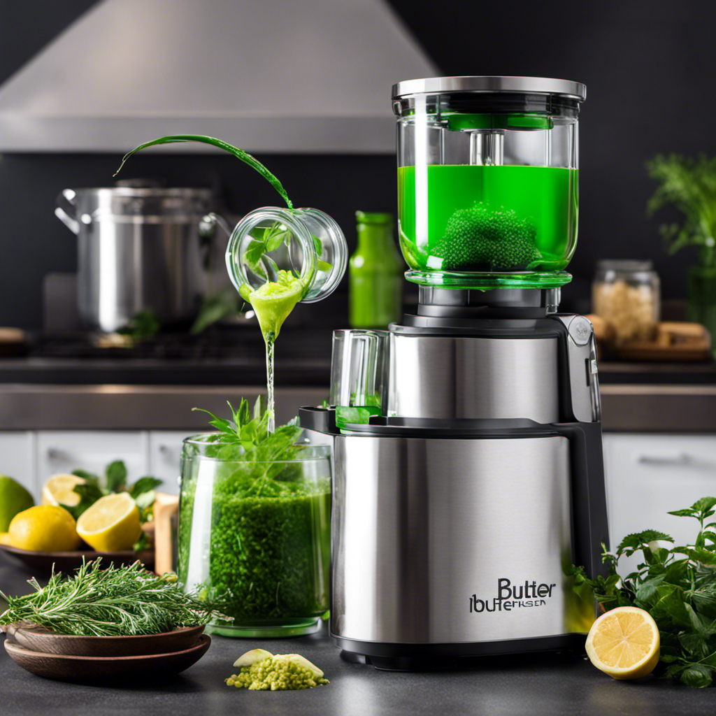 An image showcasing the Magical Butter 2 Machine Herbal Infuser in action: a sleek, stainless steel appliance pouring a vibrant green liquid into a glass jar, surrounded by fresh herbs, creating an enchanting cloud of aromatic vapor