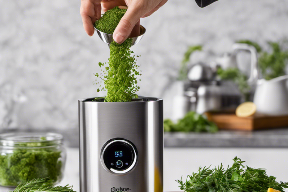 An image showcasing the Magical Butter MB2e Herb Infuser in action: a sleek, stainless steel appliance blending fragrant herbs into a velvety mixture, as colorful botanicals swirl gracefully in the background