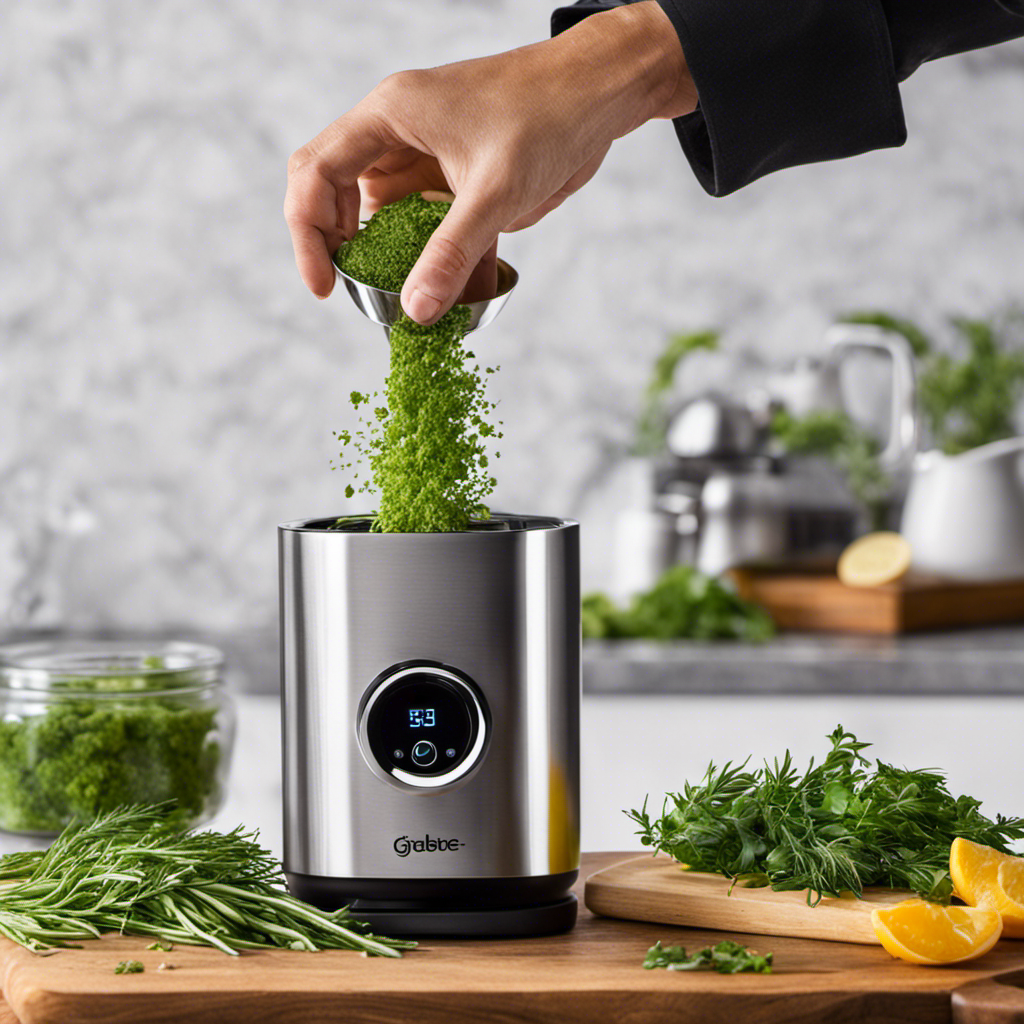 An image showcasing the Magical Butter MB2e Herb Infuser in action: a sleek, stainless steel appliance blending fragrant herbs into a velvety mixture, as colorful botanicals swirl gracefully in the background