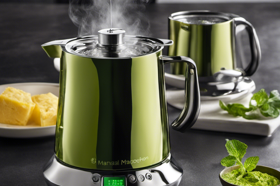 An image showcasing two sleek kitchen devices side by side: the enchanting Magical Butter, resembling a mystical cauldron with a gleaming green interior, and the Mighty Fast Herbal Infuser, radiating an aura of sophistication with its polished silver finish