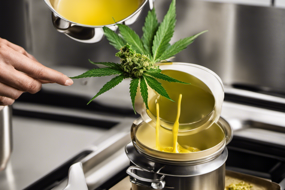 An image capturing the process of infusing marijuana into butter: a simmering pot on a stovetop, melted butter swirling gently, a vibrant green cannabis leaf submerged, releasing its essence into the aromatic mixture