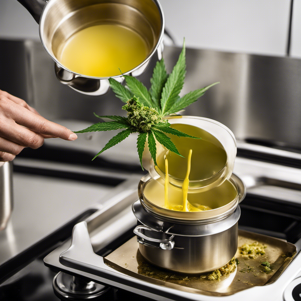 An image capturing the process of infusing marijuana into butter: a simmering pot on a stovetop, melted butter swirling gently, a vibrant green cannabis leaf submerged, releasing its essence into the aromatic mixture