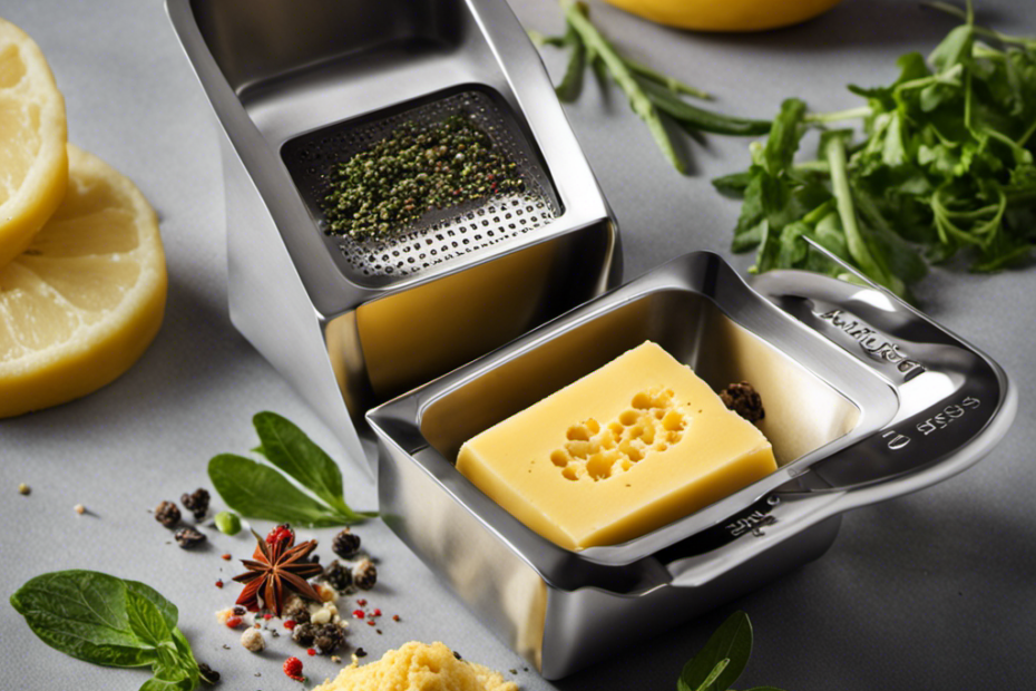 An image showcasing the Mighty Faast Butter Infuser, a sleek stainless steel device, surrounded by a vibrant array of fresh herbs and spices, exuding aromatic puffs of steam as it effortlessly infuses butter with flavors