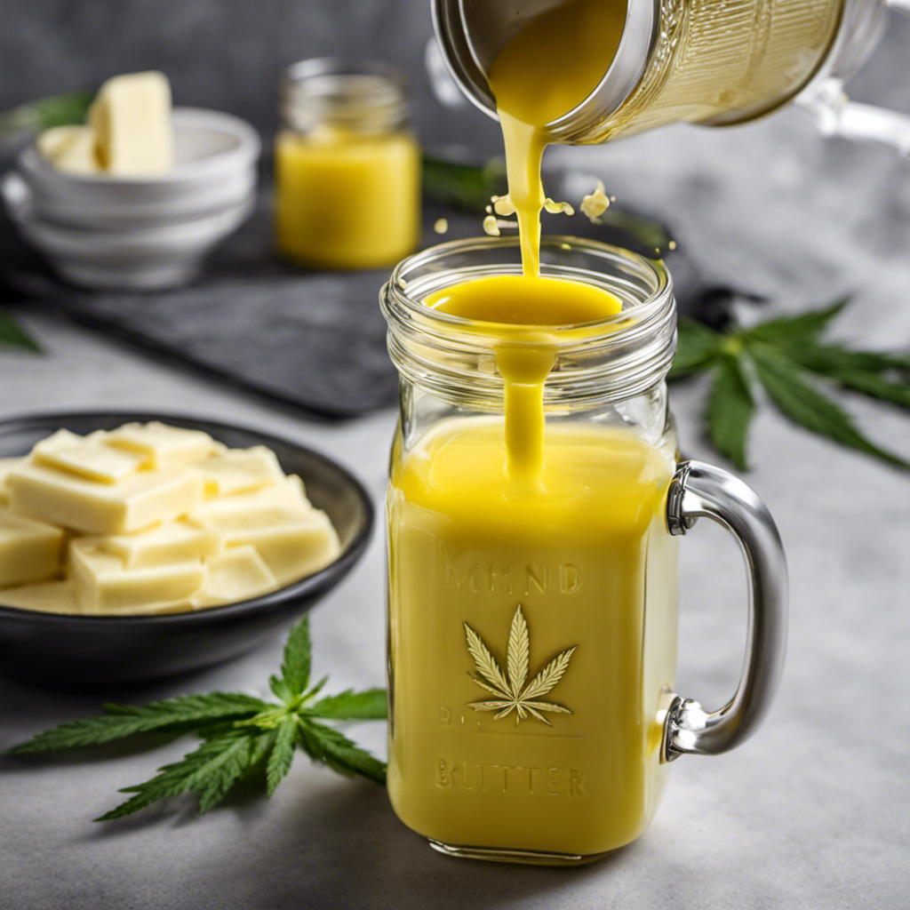 An image showcasing the step-by-step process of making cannabutter with the Mighty Fast Butter Infuser: a hand pouring melted butter into the infuser, infuser blending ingredients, and infused butter being poured into a container