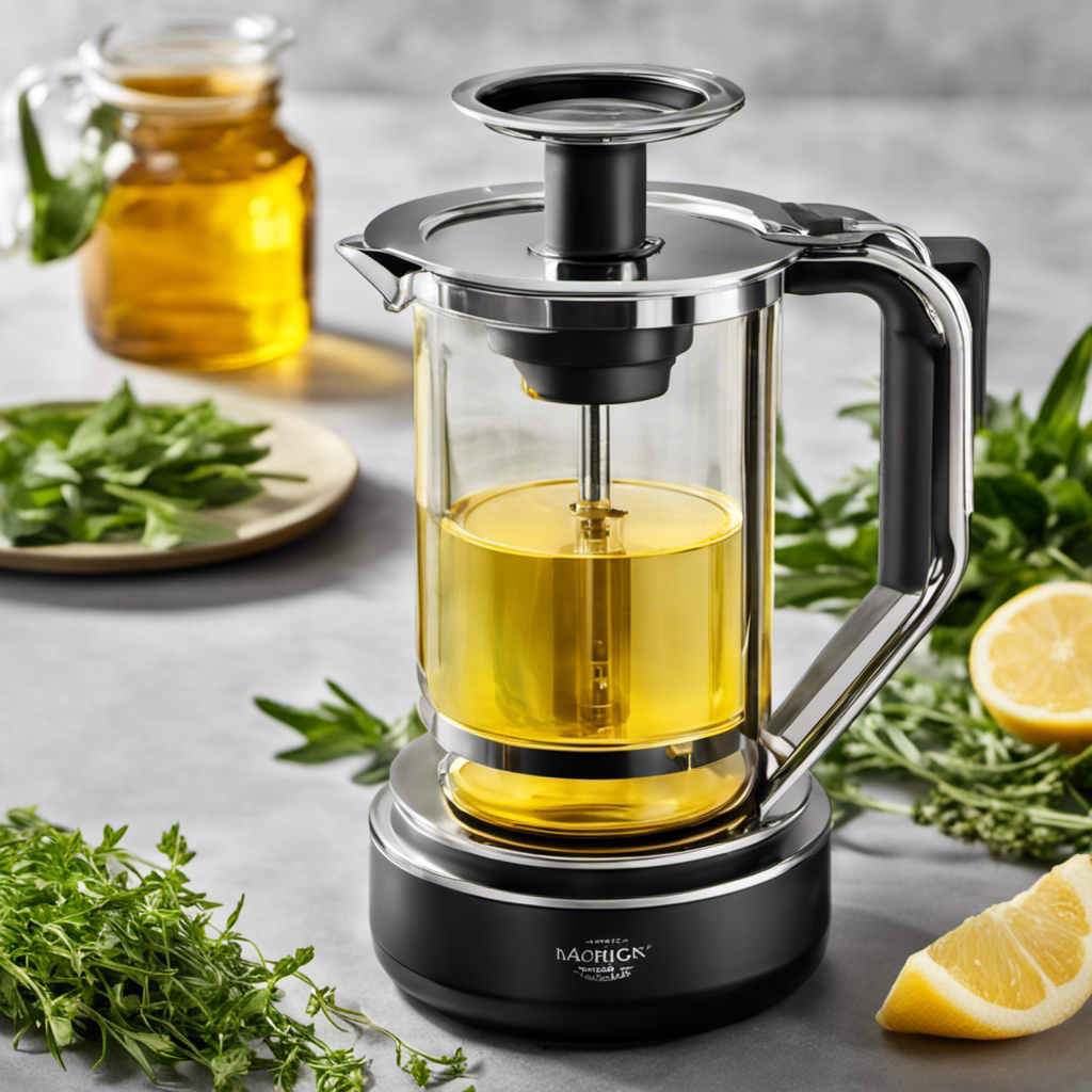 An image showcasing an elegant, stainless steel Mighty Fast Herbal Infuser Botanical Extractor in action, delicately infusing vibrant green herbs into golden Magical Butter Oils and rich, amber-colored tinctures