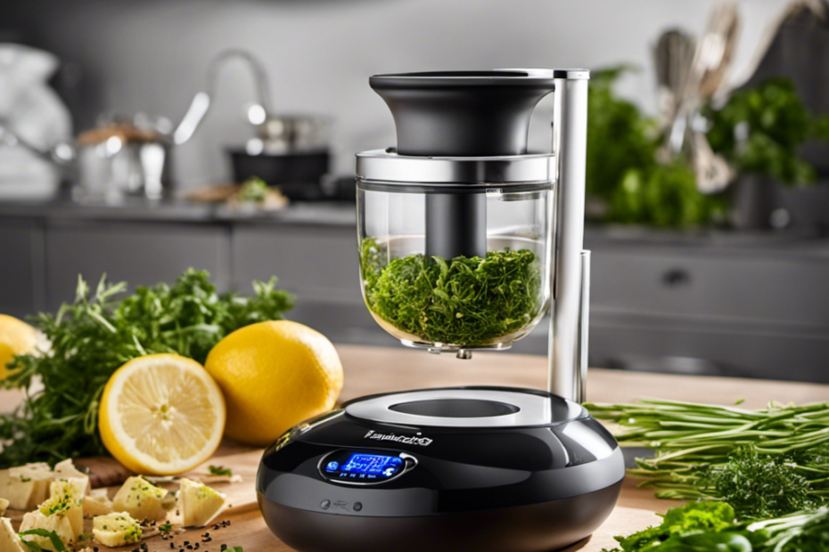 An image depicting a sleek, modern kitchen countertop adorned with the Mighty Fast Herbal Infuser or Magic Butter