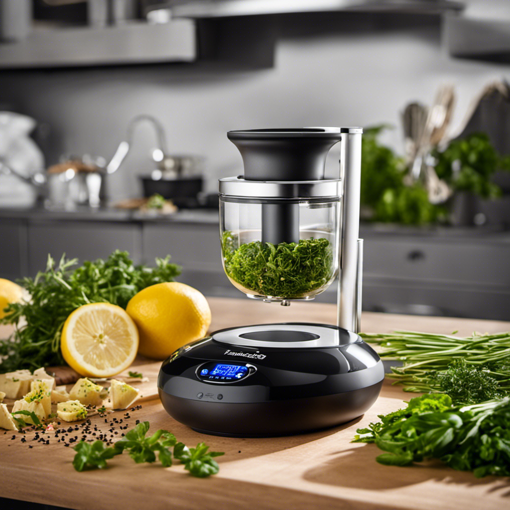 An image depicting a sleek, modern kitchen countertop adorned with the Mighty Fast Herbal Infuser or Magic Butter