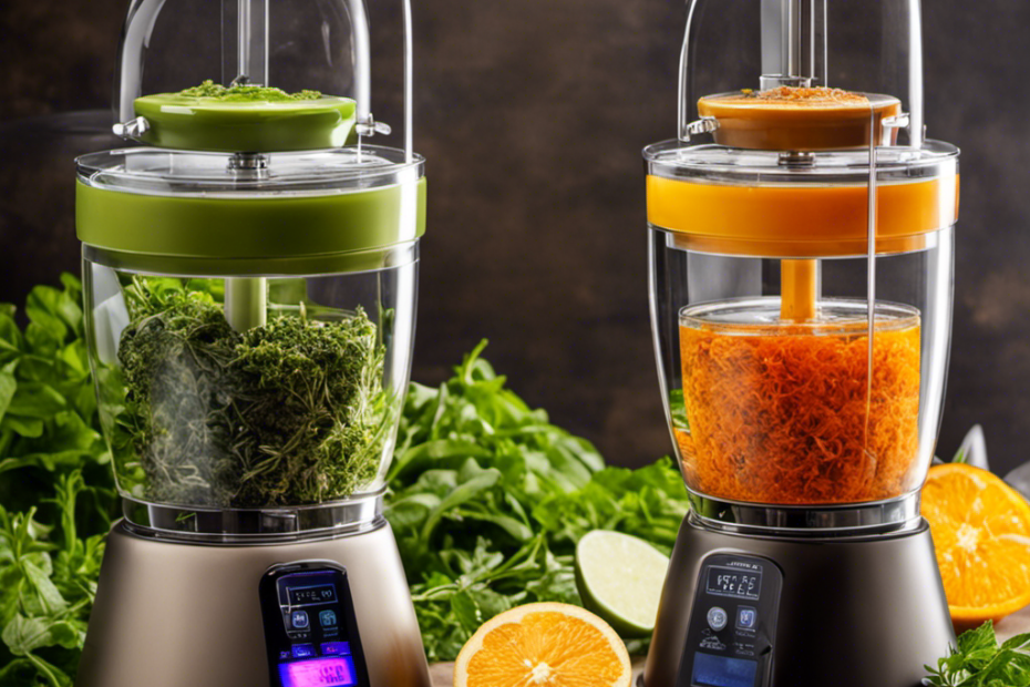 An image showcasing the Mighty Fast Herbal Infuser and Magic Butter machines side by side, both radiating vibrant colors as they effortlessly blend herbs, oils, and various ingredients, symbolizing their power and efficiency in herbal infusion