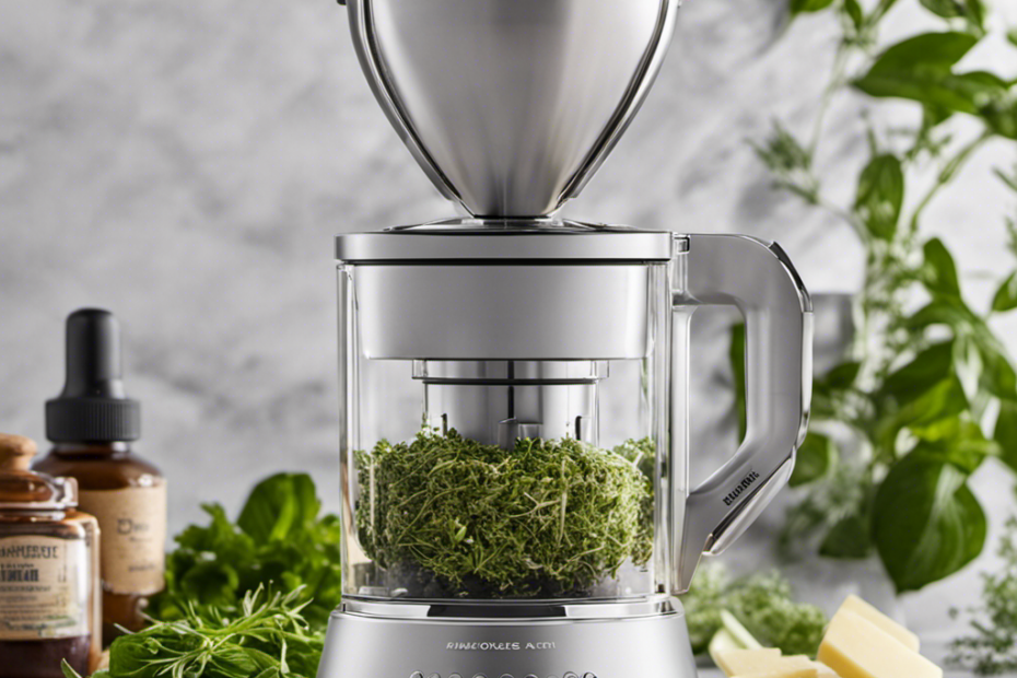 An image featuring a sleek, metallic Mighty Herbal Infuser surrounded by fresh, aromatic herbs and creamy butter