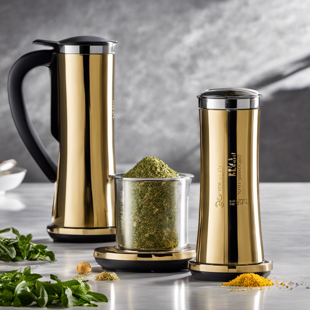 An image showcasing the Mightyfast Herbal Infuser and Magical Butter side by side, with their sleek stainless steel designs gleaming under soft lighting, surrounded by aromatic herbs and rich, golden infusions