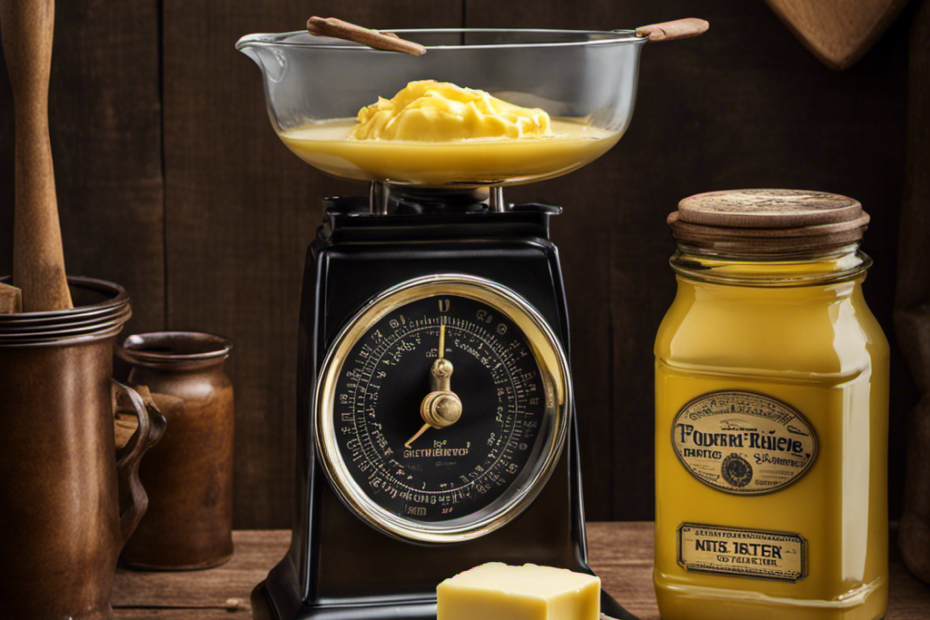 An image showcasing a vintage kitchen scale with a single cup of melted butter poured into it, while four identical sticks of butter stand beside it, illustrating the conversion of one cup of butter to four sticks