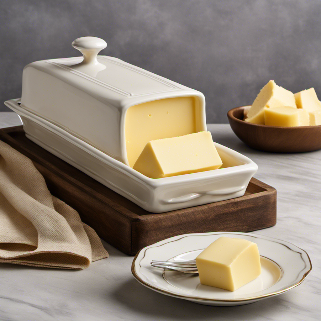 An image showcasing a vintage ceramic butter dish filled with one pound of butter, perfectly sliced into precise rectangular chunks, juxtaposed with a set of measuring cups overflowing with creamy, golden goodness