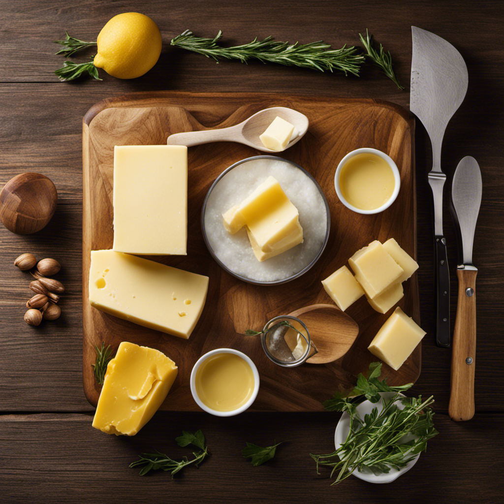 An image featuring a wooden cutting board with a single stick of butter placed beside measuring cups
