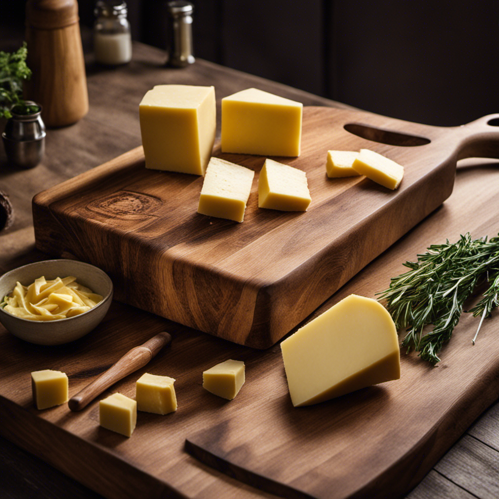 An image featuring a rustic kitchen countertop with a wooden cutting board