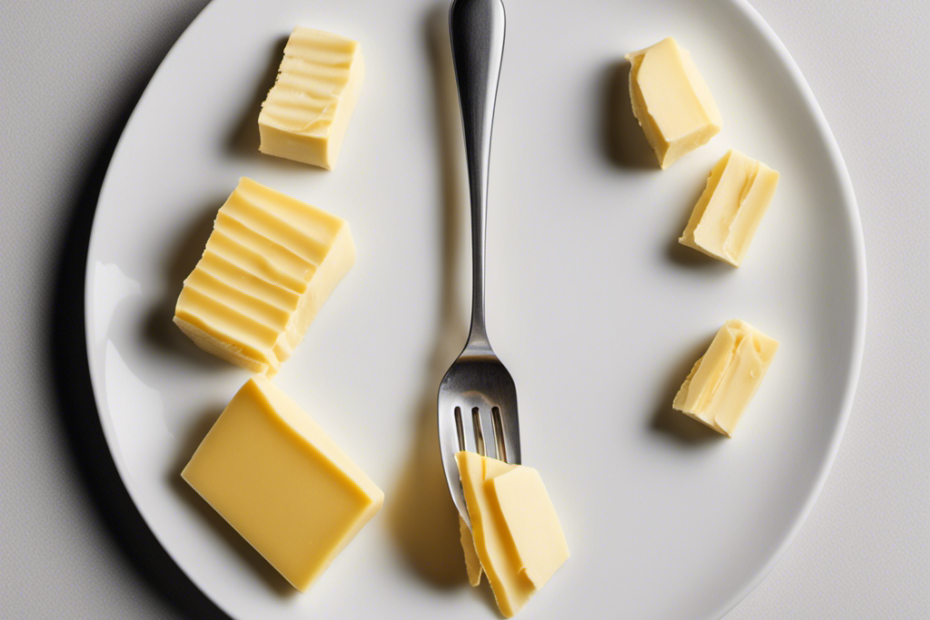 An image showcasing a stick of butter, sliced into equal-sized tablespoons, neatly arranged on a white plate
