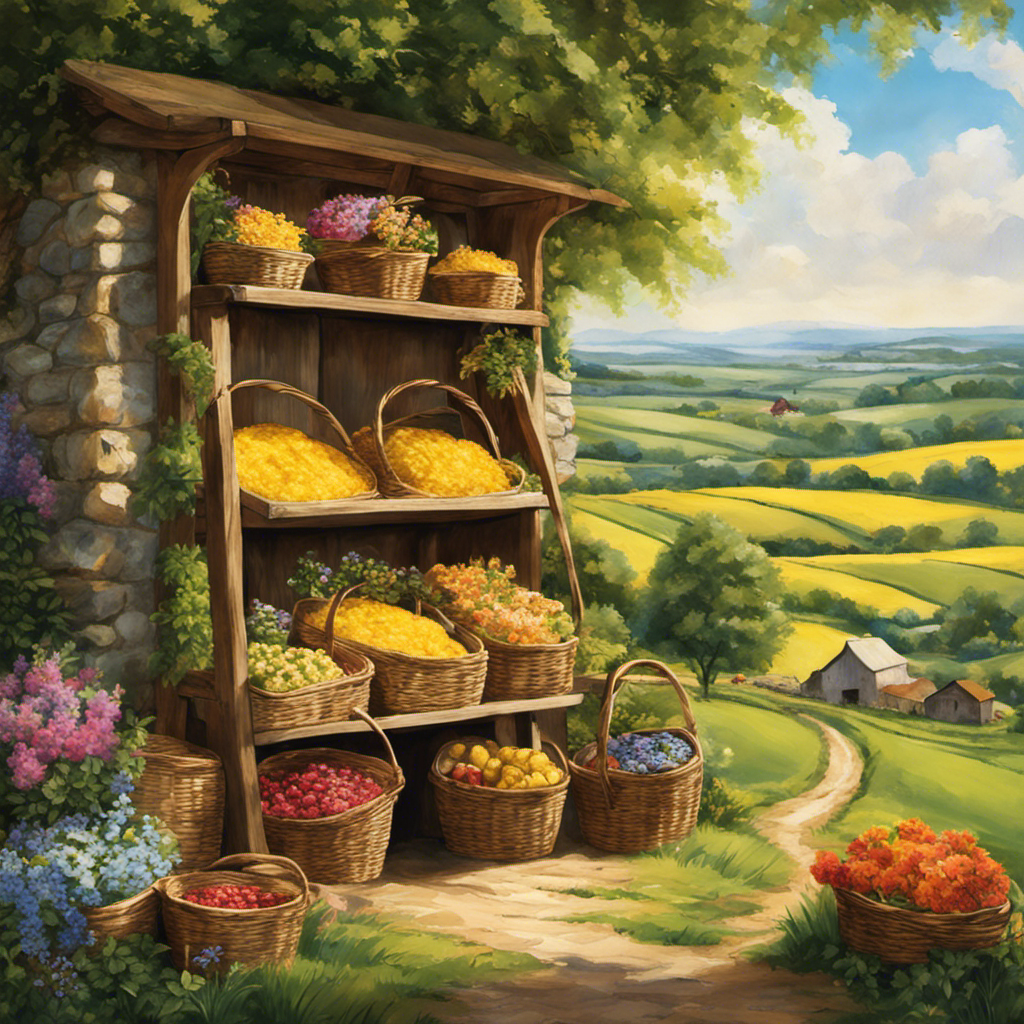An image of a serene countryside scene, with a charming farmer's market stall adorned with baskets of golden Plugra Butter, neatly stacked, surrounded by lush green fields and vibrant wildflowers