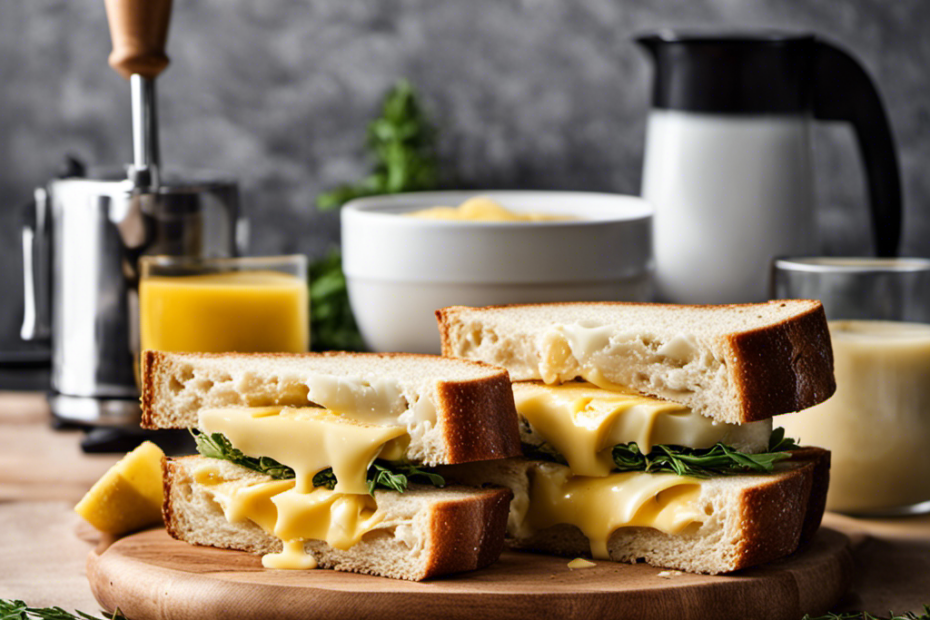 An image showcasing two slices of bread in a sandwich maker, one buttered and one plain