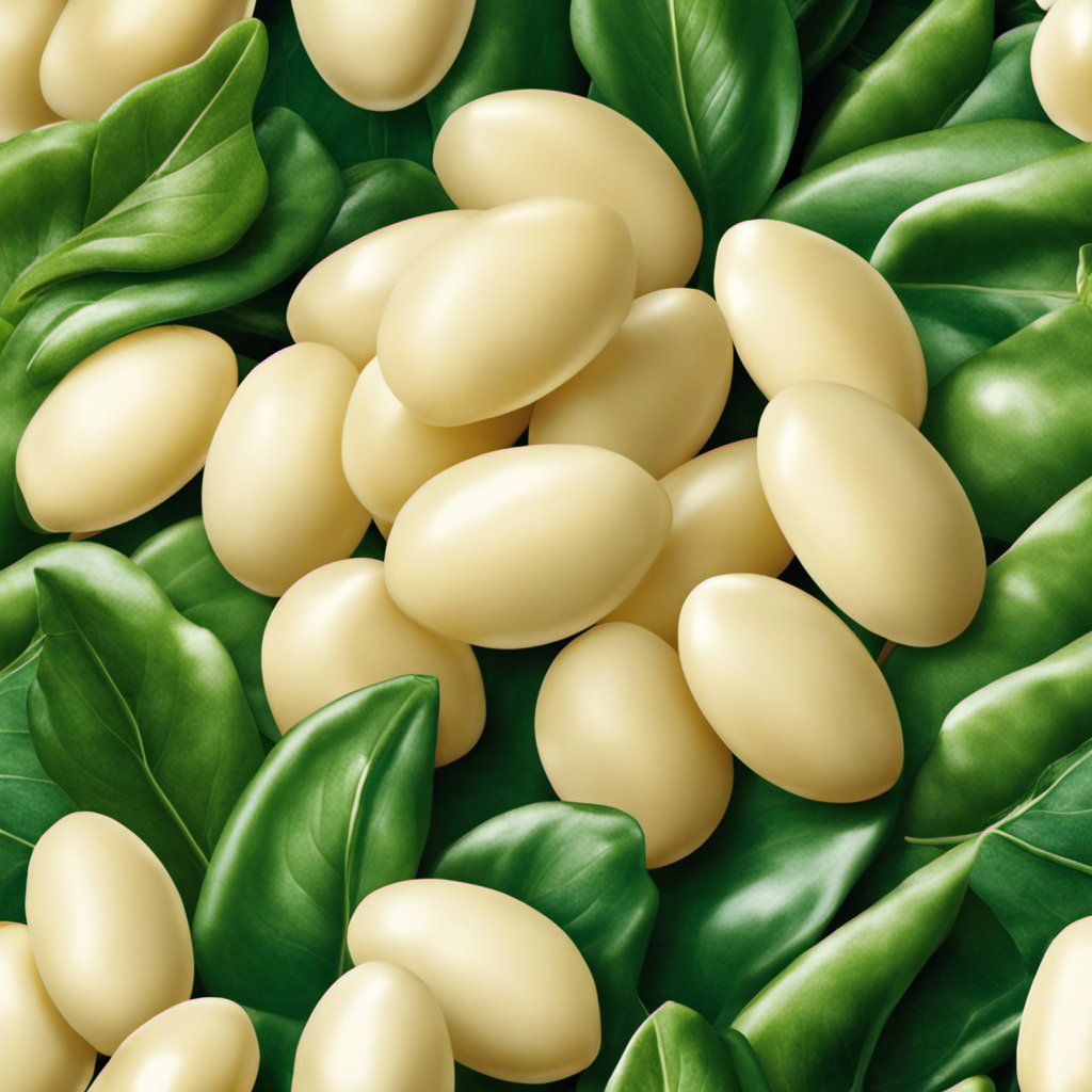 An image showcasing a close-up shot of plump, cream-colored butter beans, nestled atop a bed of vibrant green leaves