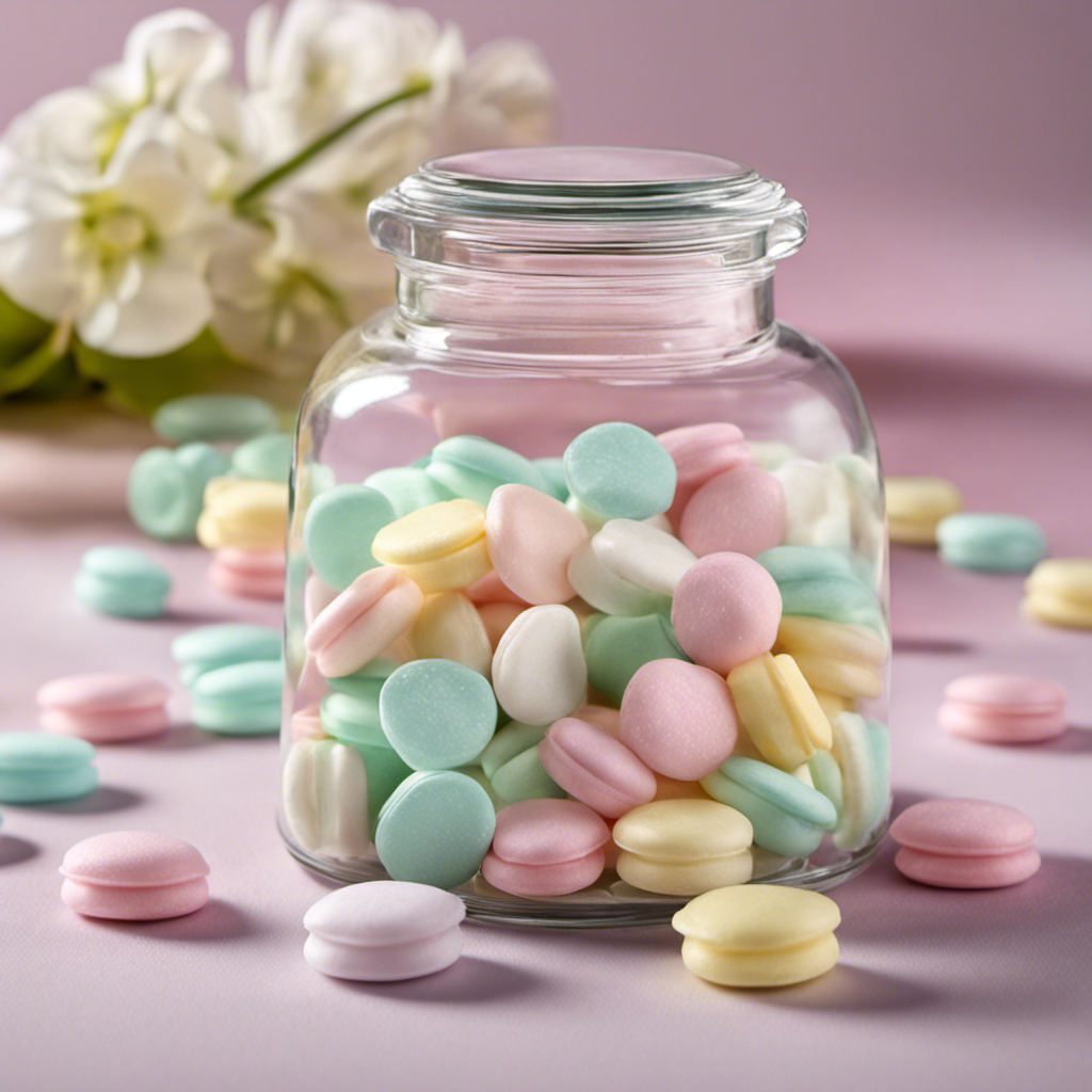 An image showcasing a delicate glass jar filled with pastel-hued, pillow-shaped butter mints