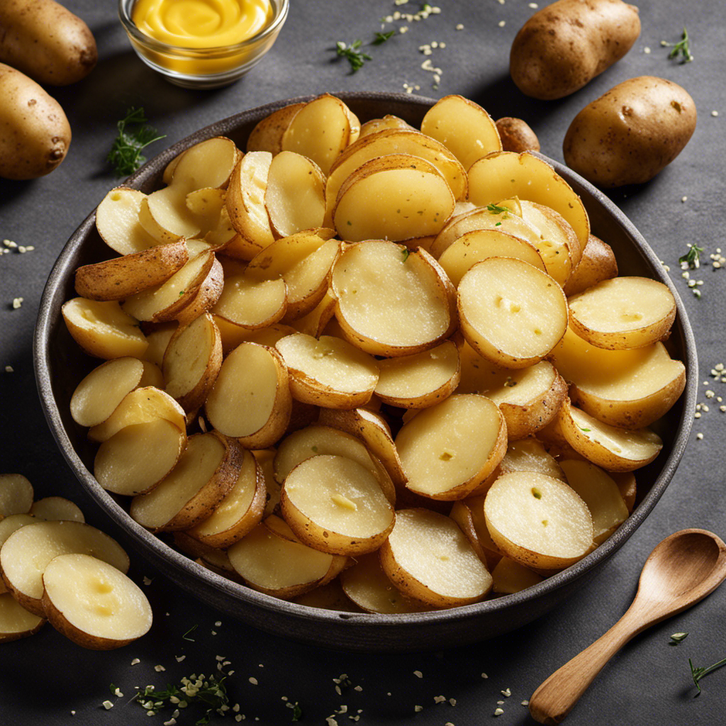 a close-up shot of golden-brown, thinly sliced potatoes drenched in creamy butter