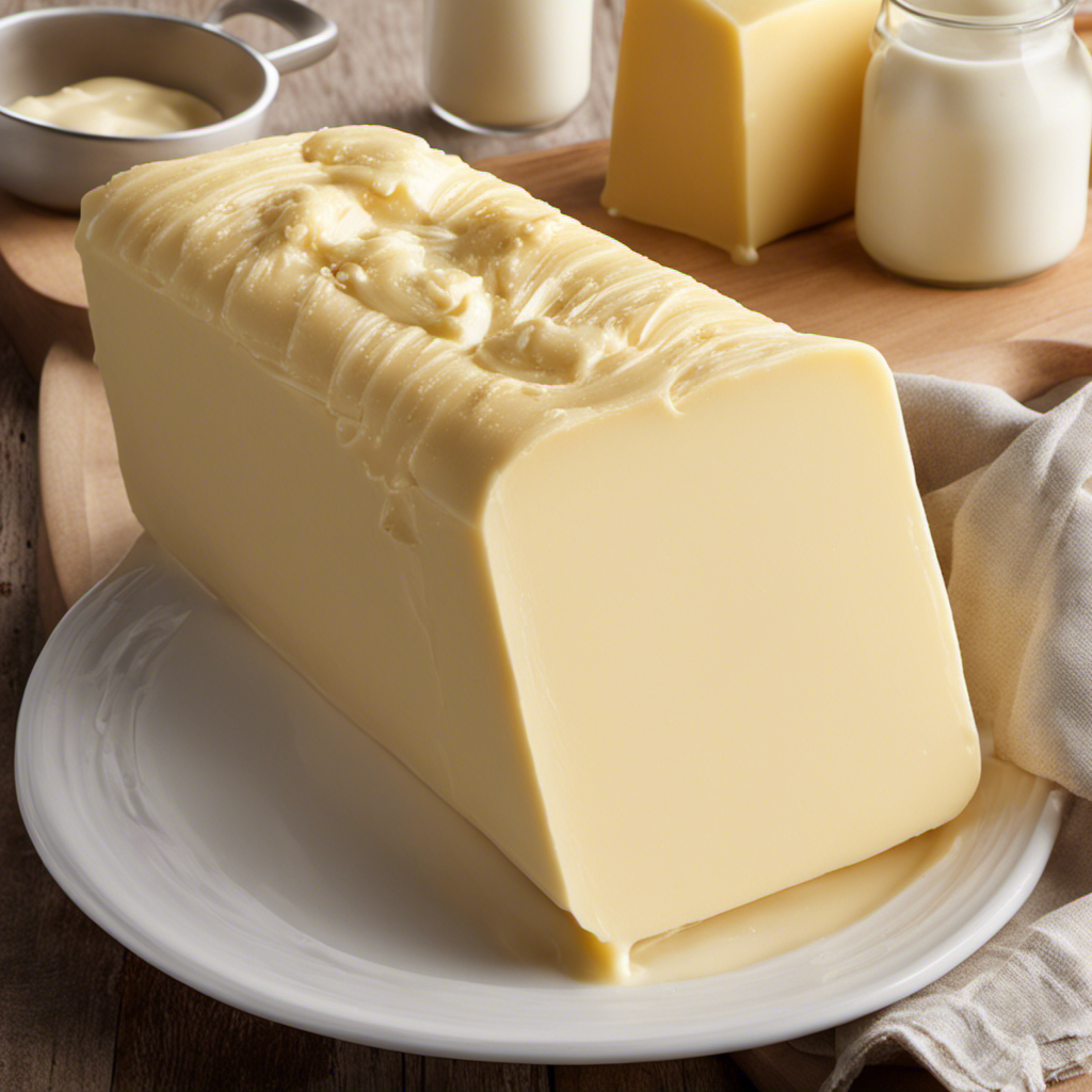 An image showcasing a close-up view of a creamy, golden stick of butter, surrounded by a mound of freshly churned milk, highlighting the rich, smooth texture and the essence of its primary ingredient