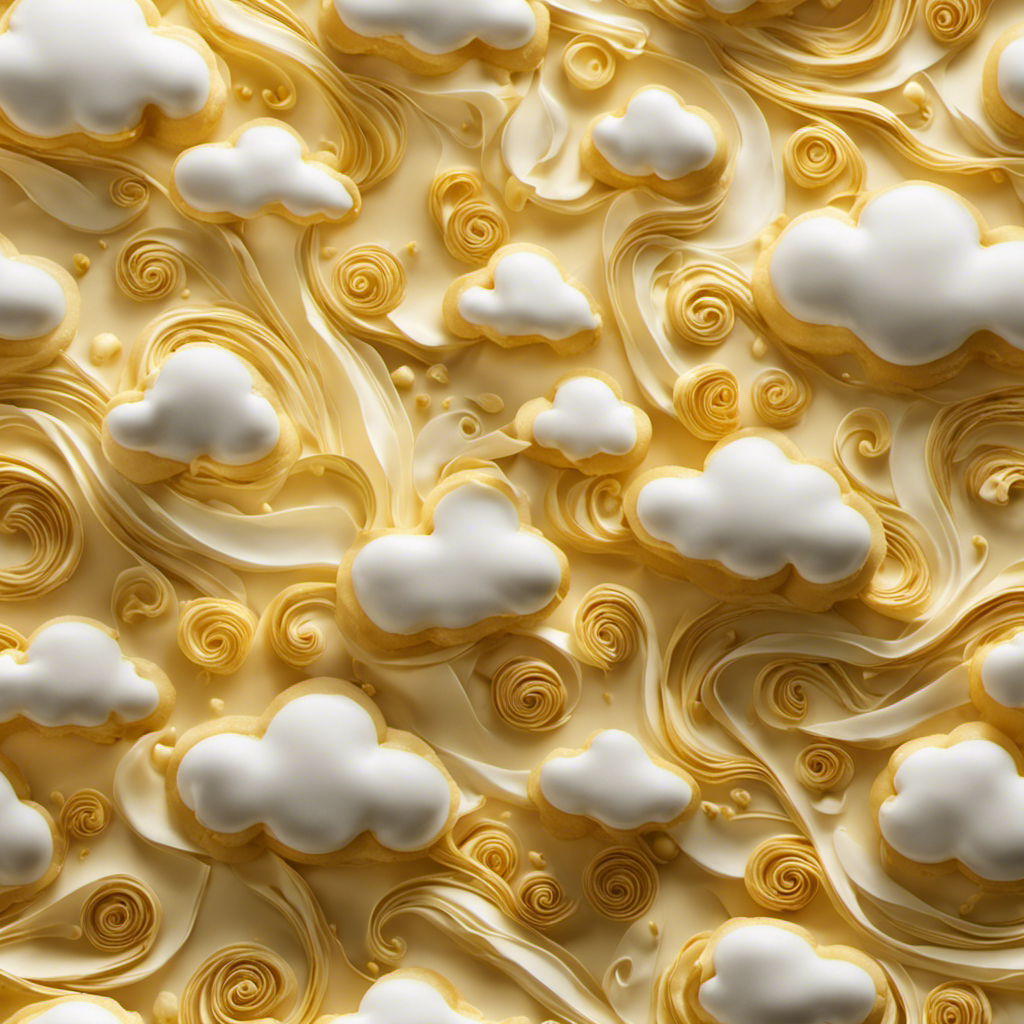 An image capturing the delicate dance of creaming butter and sugar, showcasing fluffy clouds of pale yellow butter swirling with golden granules, melding into a creamy masterpiece with a satin-like texture