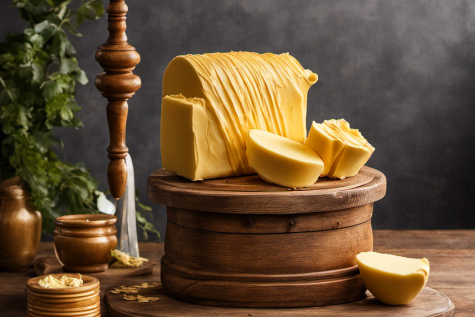an image showcasing a rustic wooden table adorned with a golden, freshly churned butter sculpture, accompanied by a vintage butter churn, emphasizing the authenticity and quality of real butter