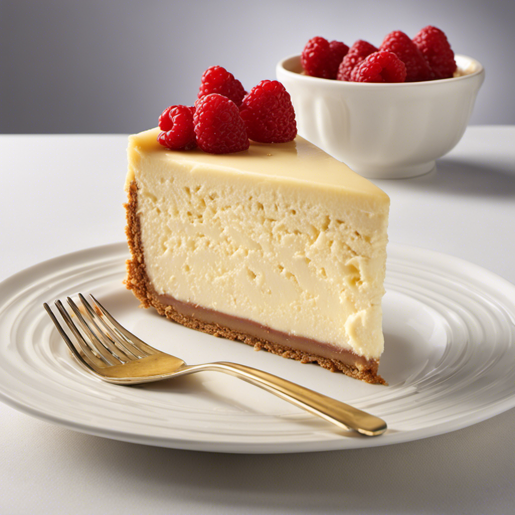 An image capturing a close-up shot of a luscious, velvety slice of Cheesecake Factory's signature cheesecake, adorned with a generous dollop of creamy, golden butter melting gently over its delicately crumbly graham cracker crust