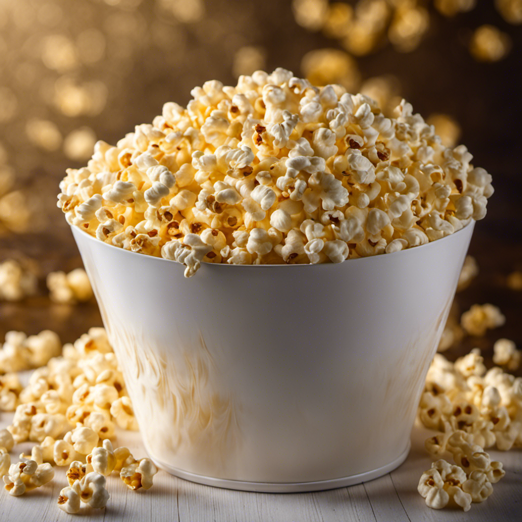 An image showcasing a golden, velvety stream of warm, melted butter cascading over a large, freshly popped bucket of popcorn in a dimly lit movie theater, evoking the irresistible aroma and indulgent experience of this cinematic treat