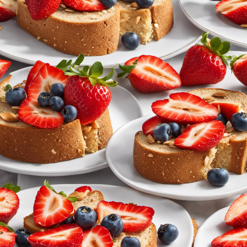 An image showcasing a colorful plate of whole-wheat toast topped with a thin layer of low-fat, unsalted butter, surrounded by vibrant slices of fresh strawberries and a sprinkling of crushed almonds