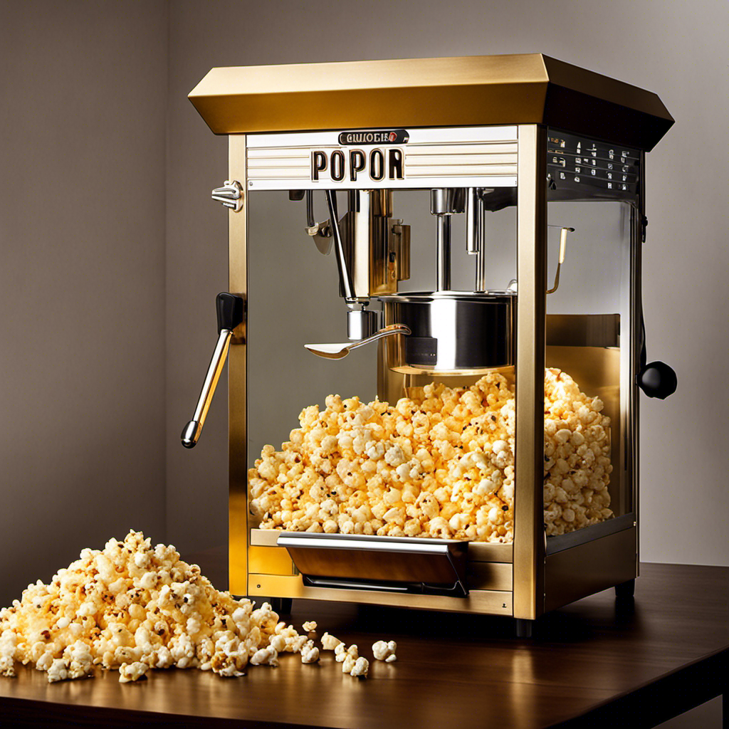 An image showcasing a commercial popcorn maker filled with freshly popped popcorn, drizzled with silky melted clarified butter