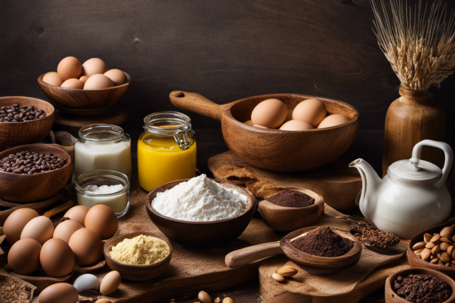 An image featuring a rustic wooden kitchen countertop adorned with an assortment of baking ingredients like eggs, ripe bananas, coconut oil, almond flour, and dark chocolate chips, showcasing the possibilities of butter-free baking