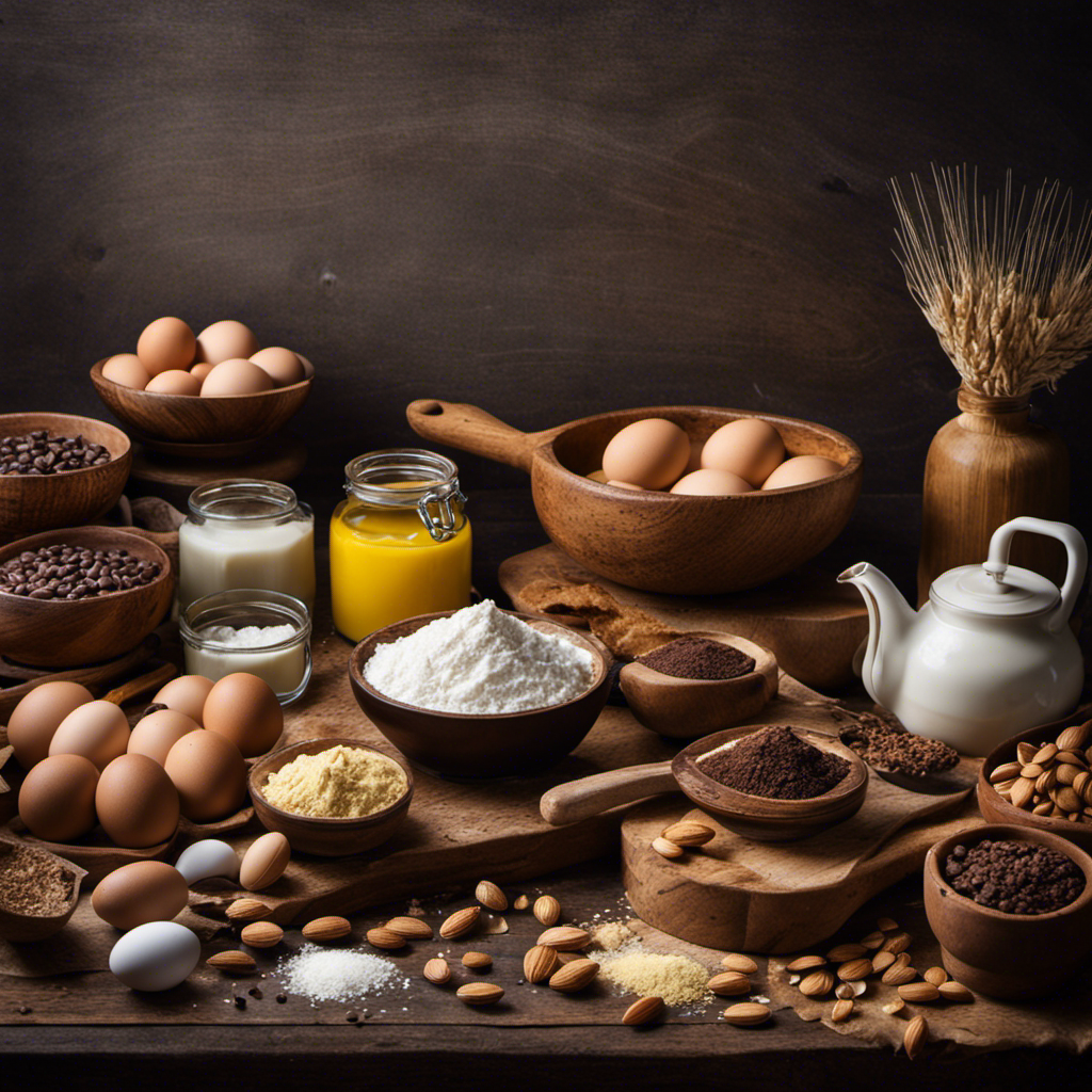 An image featuring a rustic wooden kitchen countertop adorned with an assortment of baking ingredients like eggs, ripe bananas, coconut oil, almond flour, and dark chocolate chips, showcasing the possibilities of butter-free baking