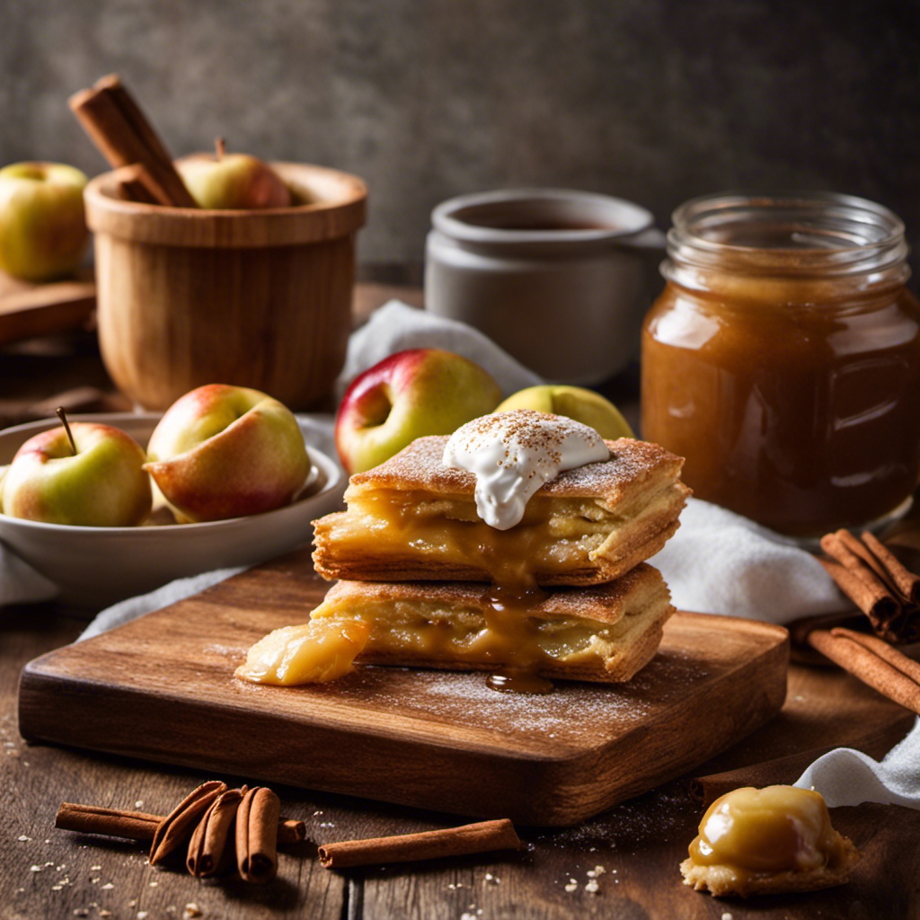 An image showcasing a stack of golden, flaky apple butter-filled pastries, nestled on a rustic wooden serving board