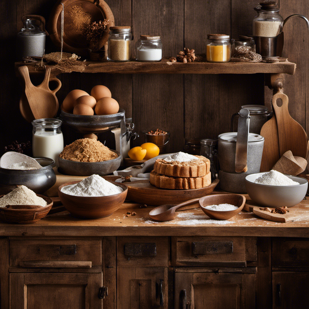 An image showcasing a rustic kitchen with a wooden countertop adorned with a bowl of tangy buttermilk, surrounded by a selection of baking ingredients like flour, sugar, and baking soda, hinting at the possibilities of delicious homemade treats