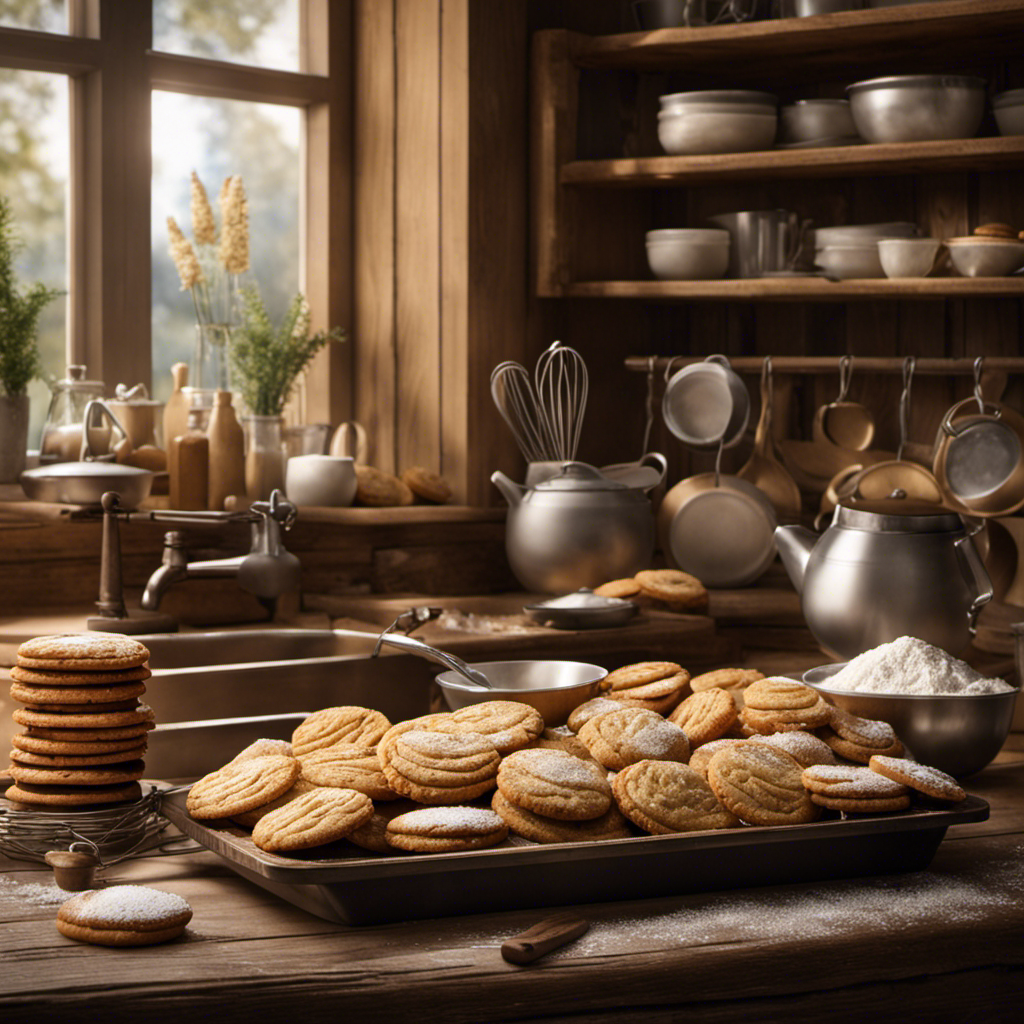 An image of a rustic wooden kitchen counter adorned with a gleaming mixing bowl filled with creamy batter, a whisk, and a dusting of flour
