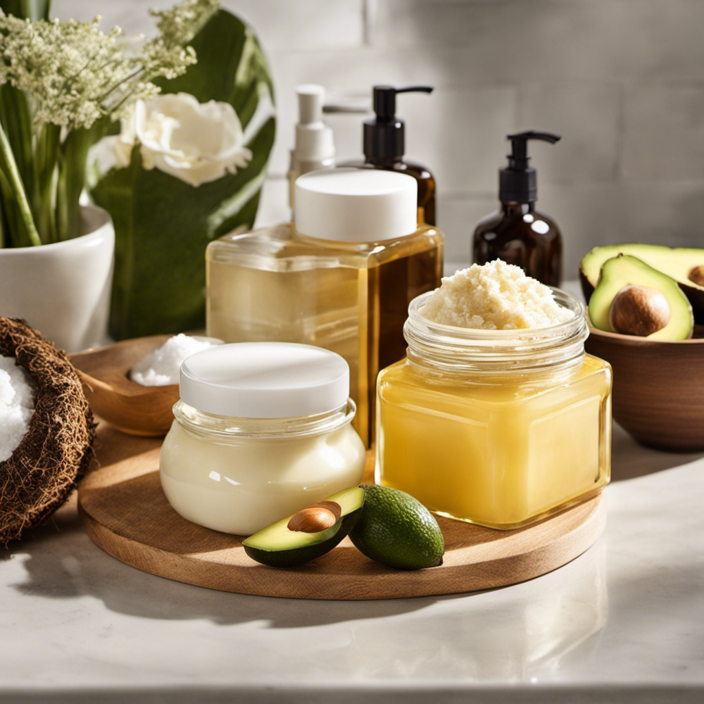 An image featuring a vibrant, sunlit bathroom counter adorned with a glass jar of luxurious shea butter, surrounded by an assortment of natural ingredients like honey, avocado, and coconut oil—ready to be mixed for a radiant, glowing skin