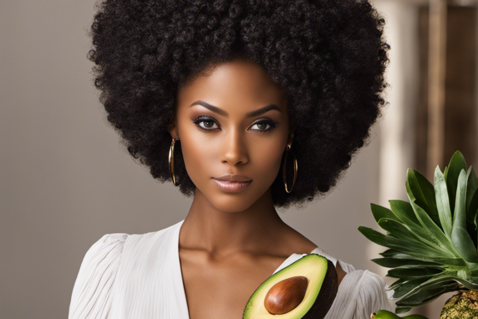 An image showcasing a lustrous, healthy mane surrounded by an array of natural ingredients like avocado, coconut oil, and aloe vera gel, symbolizing the perfect blend for enhancing hair growth with shea butter