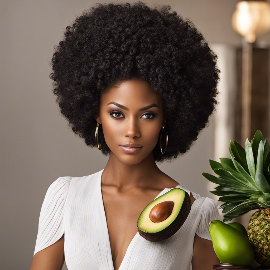 An image showcasing a lustrous, healthy mane surrounded by an array of natural ingredients like avocado, coconut oil, and aloe vera gel, symbolizing the perfect blend for enhancing hair growth with shea butter