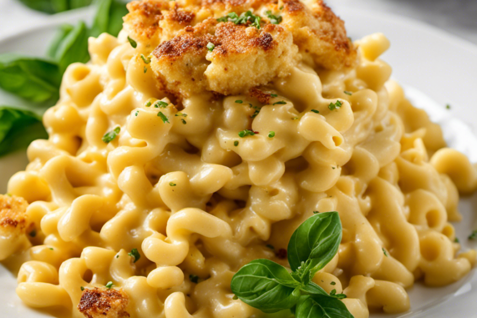 An image of a creamy, golden mac and cheese dish with a luscious, velvety texture