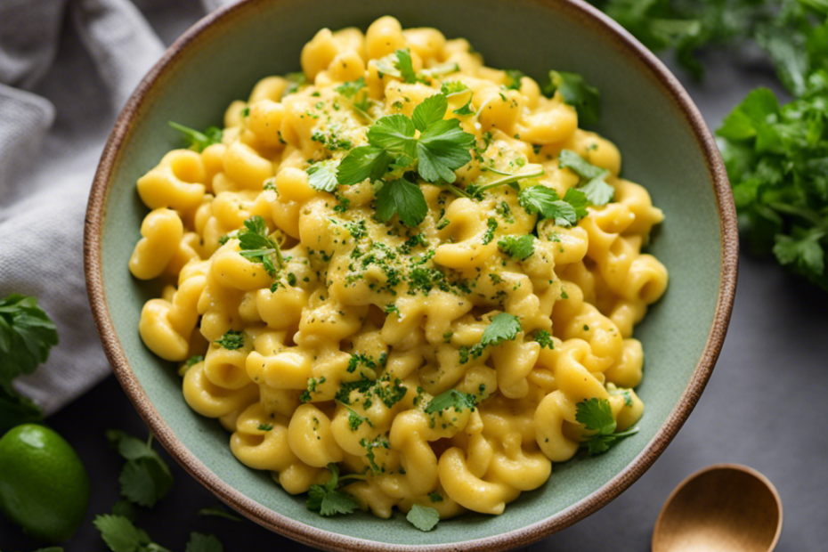 An image of a bowl filled with creamy mac and cheese, where a dollop of velvety avocado puree replaces traditional butter