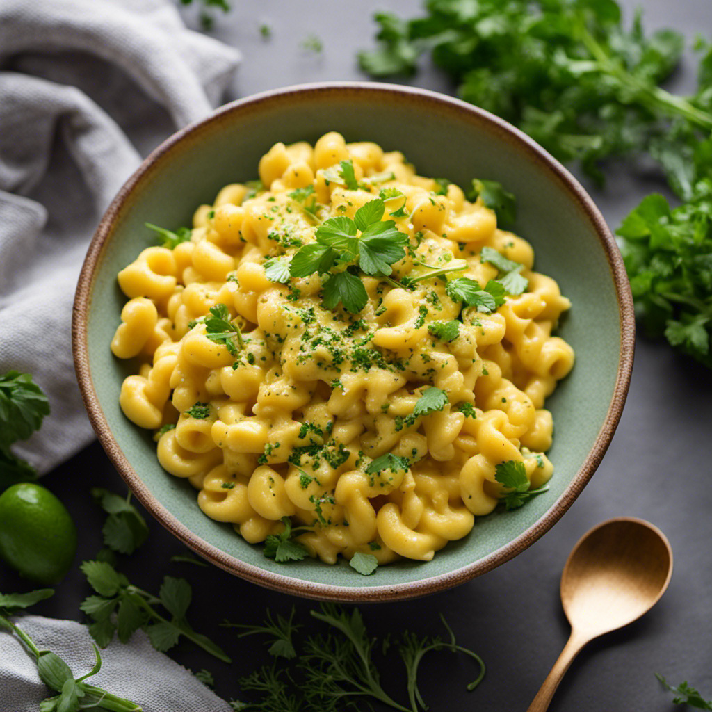 An image of a bowl filled with creamy mac and cheese, where a dollop of velvety avocado puree replaces traditional butter