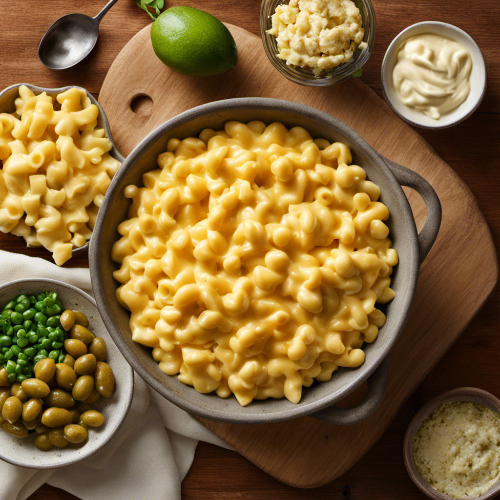 An image showcasing a steaming bowl of creamy mac and cheese, tantalizingly coated with a velvety golden-brown crust