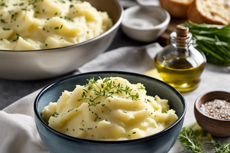 An image showcasing a bowl of creamy mashed potatoes, adorned with a dollop of velvety olive oil, a sprinkle of fragrant herbs, and a pinch of sea salt, enticingly replacing butter