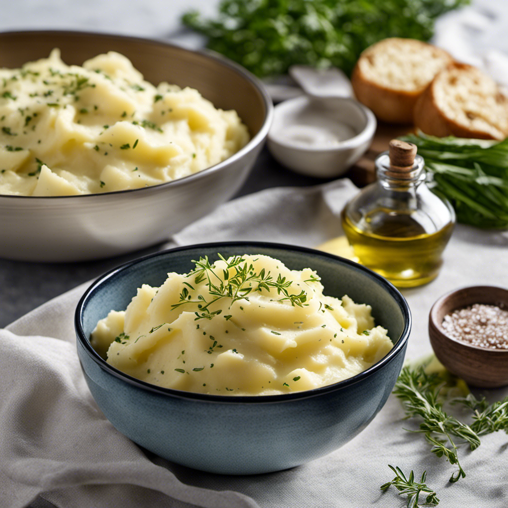 An image showcasing a bowl of creamy mashed potatoes, adorned with a dollop of velvety olive oil, a sprinkle of fragrant herbs, and a pinch of sea salt, enticingly replacing butter