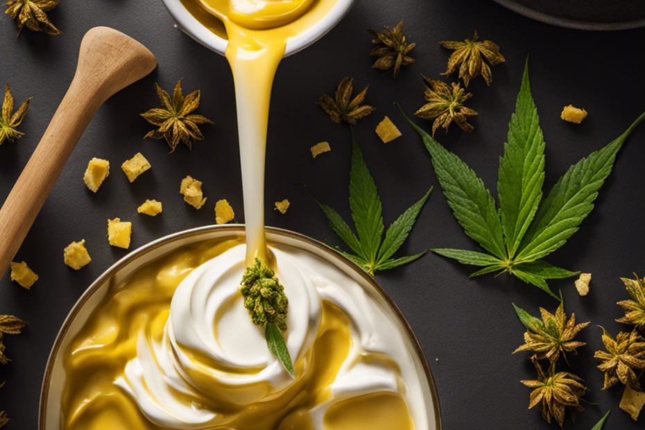 An image of a rich, golden-hued canna butter being melted in a saucepan, with wisps of aromatic steam rising, while a wooden spoon stirs in fresh cannabis buds and other ingredients, promising a delectable array of infused treats
