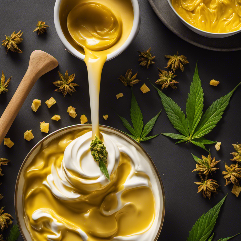 An image of a rich, golden-hued canna butter being melted in a saucepan, with wisps of aromatic steam rising, while a wooden spoon stirs in fresh cannabis buds and other ingredients, promising a delectable array of infused treats