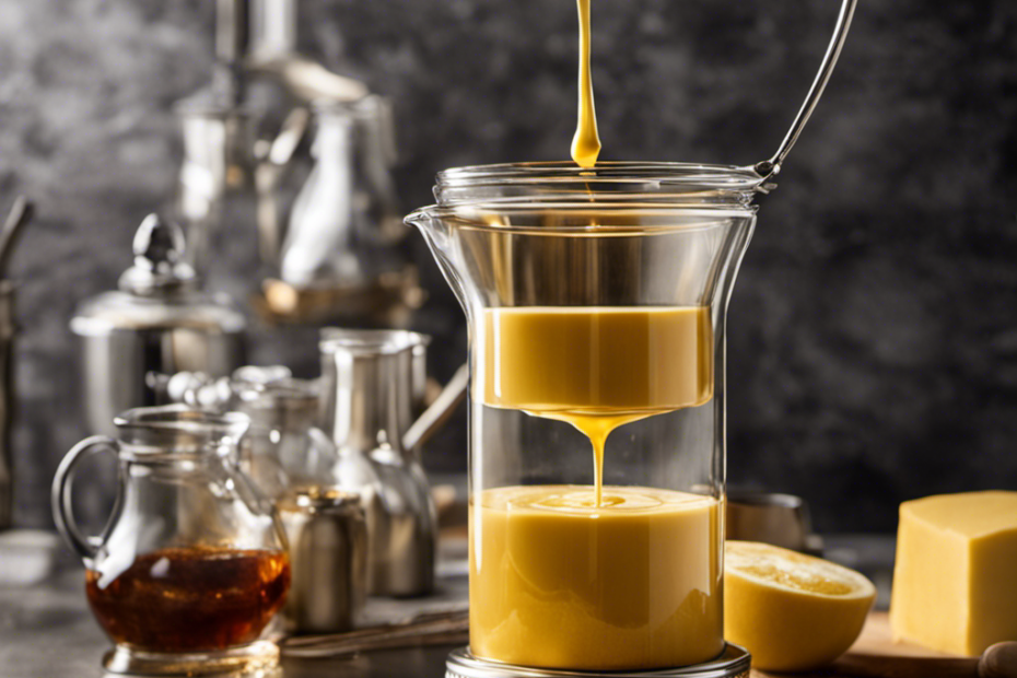 An image that showcases a mesmerizing, golden-hued liquid slowly pouring from the Magic Butter Maker into a glass jar, evoking a sense of enchantment and anticipation