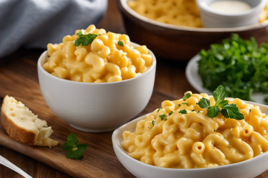 An image showcasing a creamy, golden bowl of mac and cheese, where a pat of butter is being playfully replaced by a dollop of velvety Greek yogurt, adding a tangy twist to the classic comfort dish